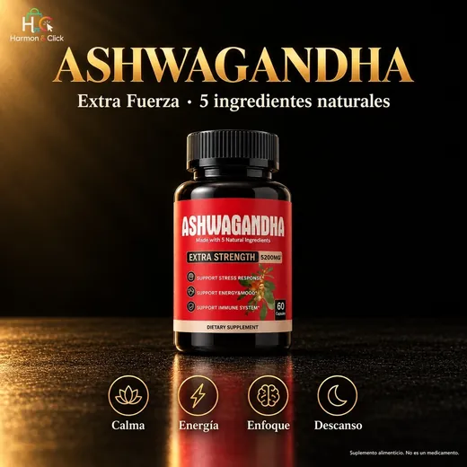 Frasco de Ashwagandha Extra Fuerza sobre fondo negro con detalles dorados