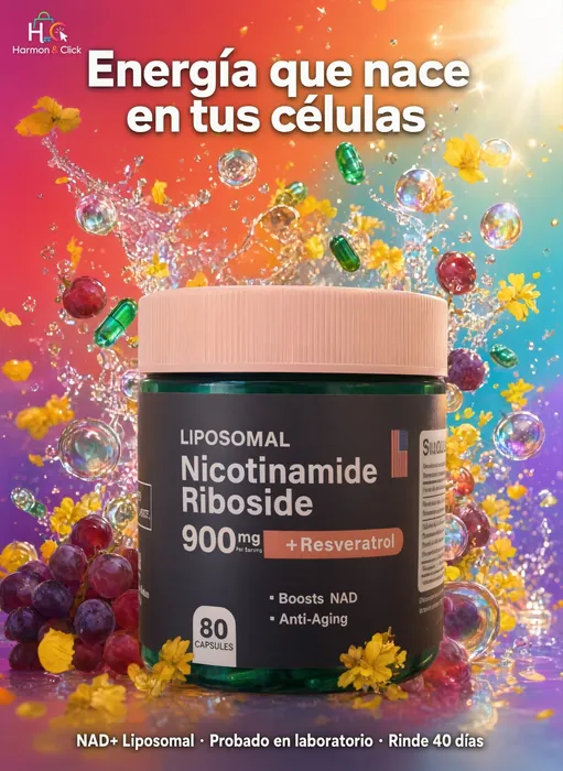 Frasco de NAD+ Liposomal con Resveratrol entre salpicaduras de colores, con el lema Energía que nace en tus células