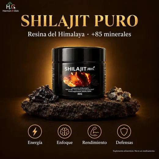 Frasco de Shilajit Puro JBHK sobre una roca, con el título Shilajit Puro, resina del Himalaya